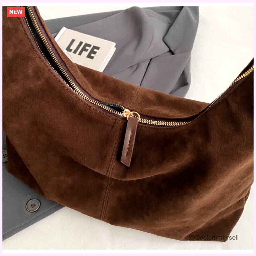 Suede Hobo Tote Bag Adjustable Shoulder Strap Spacious Pockets Fall Trendy - Picture 5 of 7